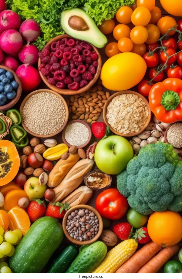 A variety of fresh fruits, vegetables, and grains