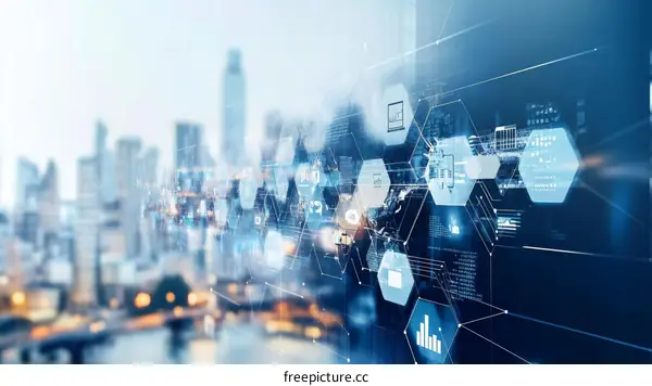 Abstract Digital Cityscape Overlaid with Information Graphics