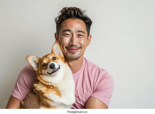 Asian man smiling with his corgi dog