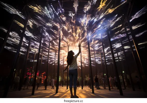 Visitors explore an immersive light installation