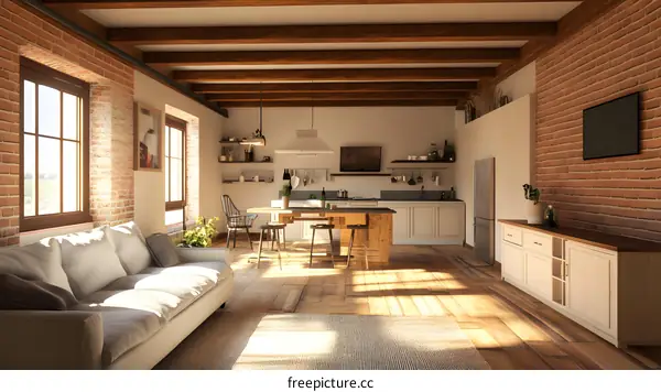 Modern Loft Style Interior Design with Brick Wall and Wood Beam Ceiling