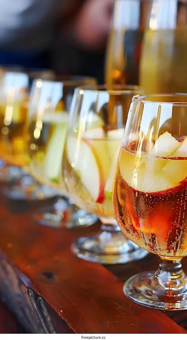Close Up Of Apple Cider With Slices Of Apple In Glass On Wooden Table