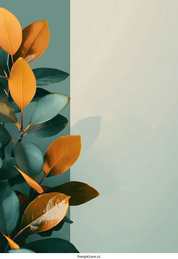 Green and Yellow Leaves on a Teal and Beige Background