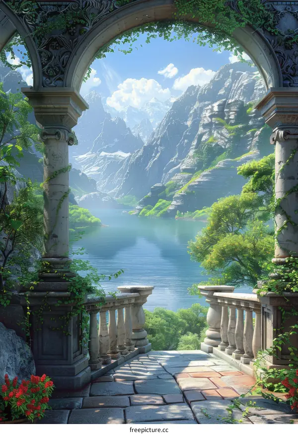 Majestic mountains overlook a tranquil lake in a serene fantasy landscape
