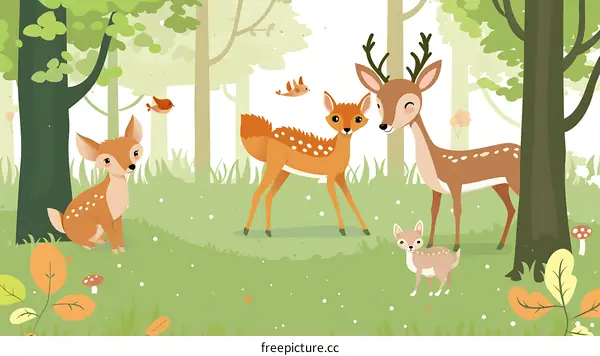 Cute Deer Family in the Forest Illustration