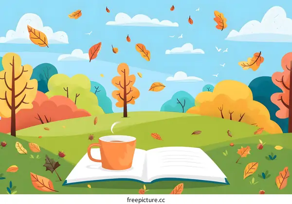 Autumn Landscape with Open Book and Cup of Coffee