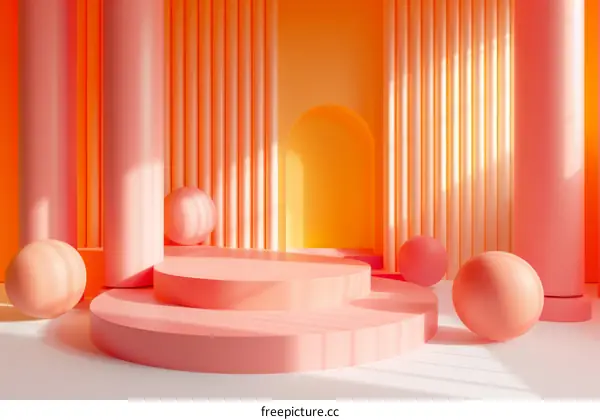 3D rendering of pink podium with spheres against peach-colored background