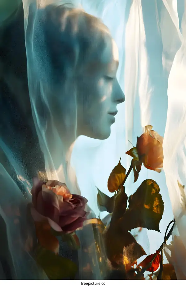 Silhouette of a Woman in a Veil with Roses