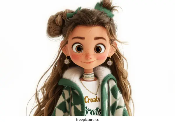 Illustration of a young woman with brown hair, green eyes, and a green jacket