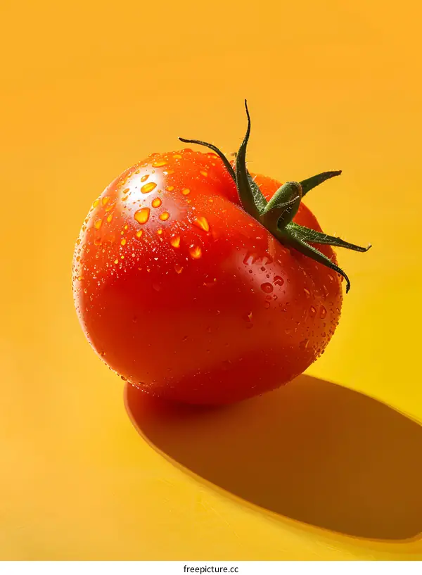 Fresh Red Tomato with Water Drops on Yellow Background