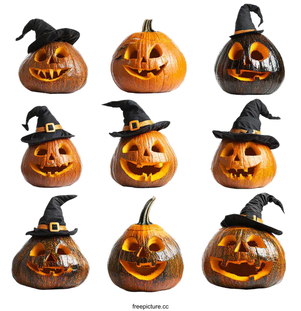 [Transparent Background PNG]Halloween Pumpkins with Witch Hats Collection