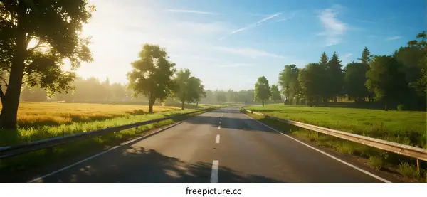 Sunlit country road surrounded by lush green fields and trees