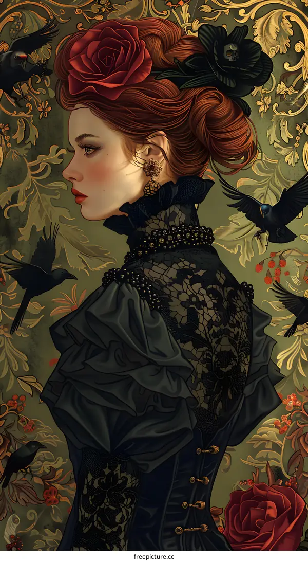 Victorian Woman with Red Roses and Black Birds