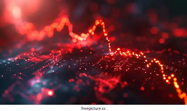 Red glowing particles form a circuit board pattern on a dark background