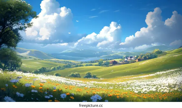 Beautiful Rural Landscape Illustration with Blooming Flowers