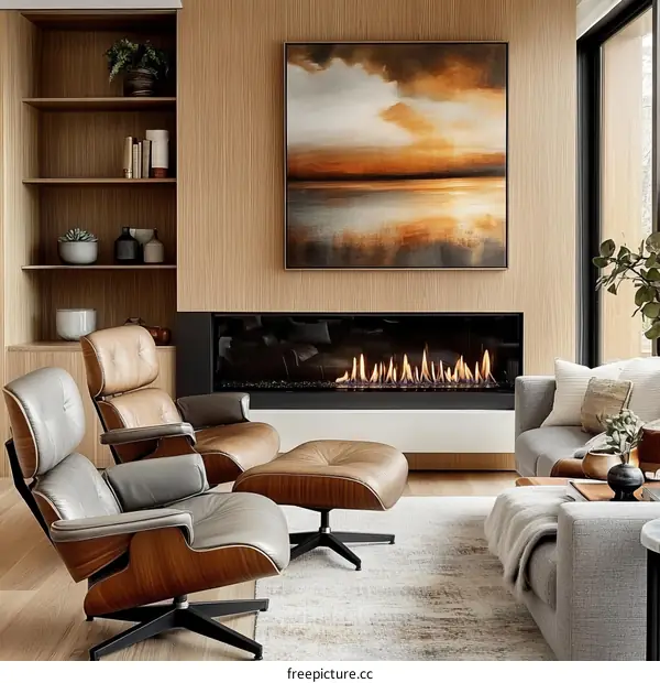 Modern Living Room with Fireplace and Artwork
