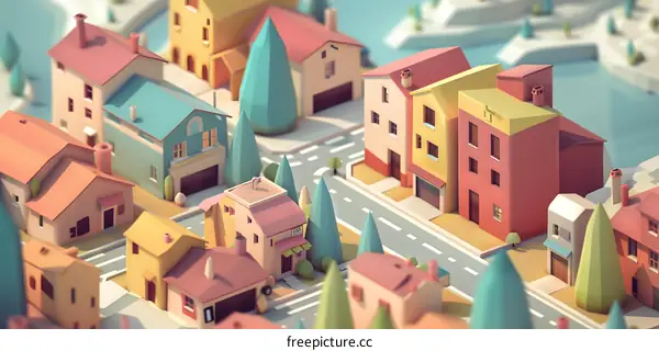 Low Poly Illustration of a Small Town