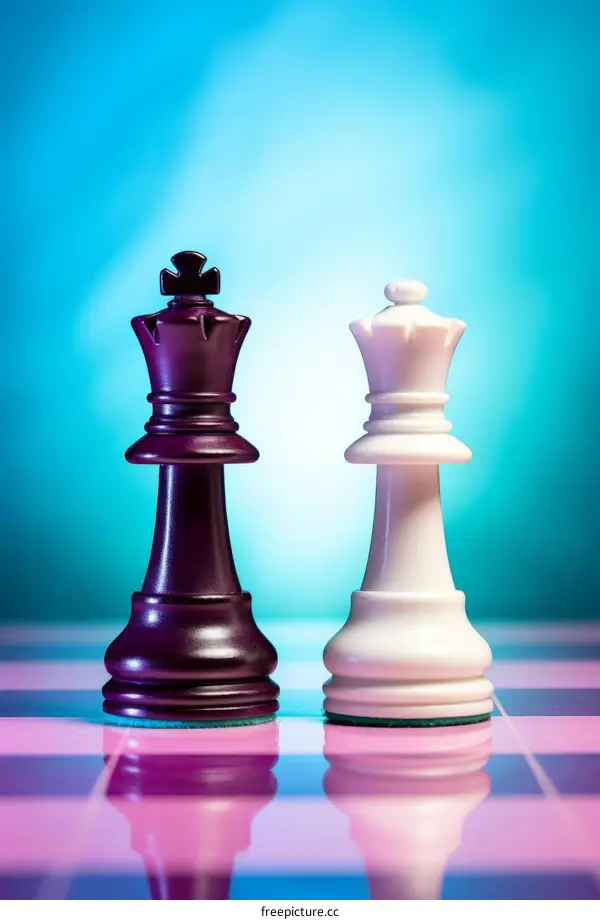 A chessboard with black and white king and queen pieces