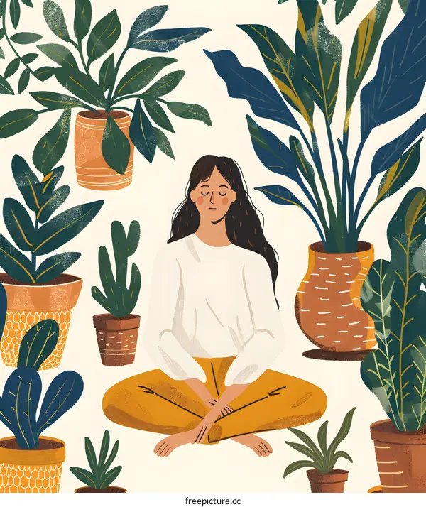 Woman Meditating Surrounded by Plants