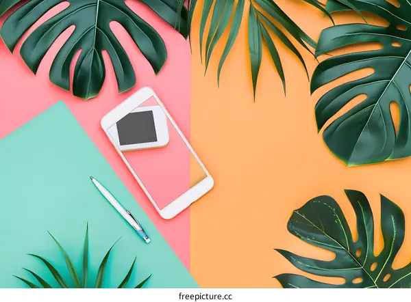Tropical Leaves and Phone Mockup on Colorful Background