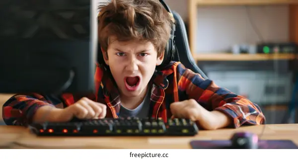 Little gamer boy is very angry and frustrated while playing video games on his computer