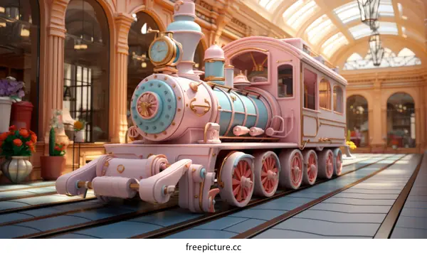 Whimsical Pink and Blue Steam Train at the Station