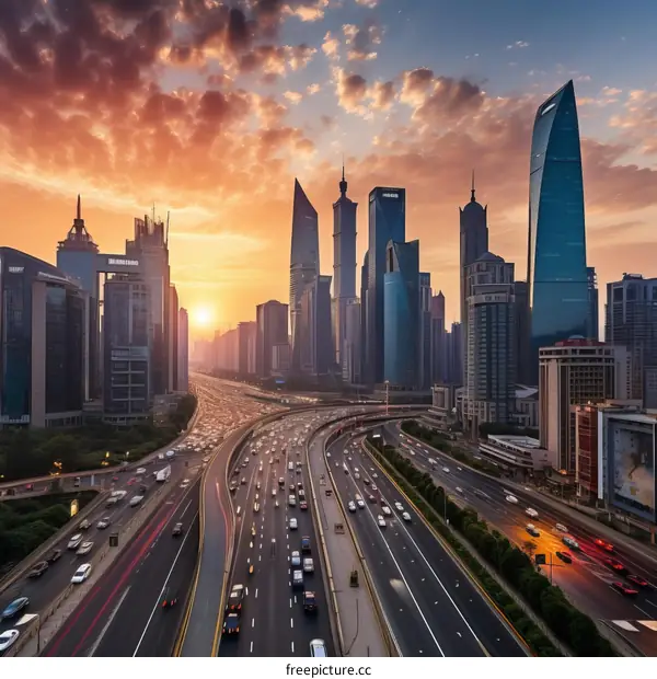 A bustling highway interchange in a major city at sunset