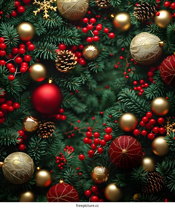 Christmas background with red and gold ornaments