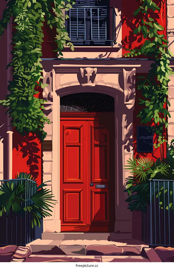 Red Doorway with Ivy Vines and Stone Steps