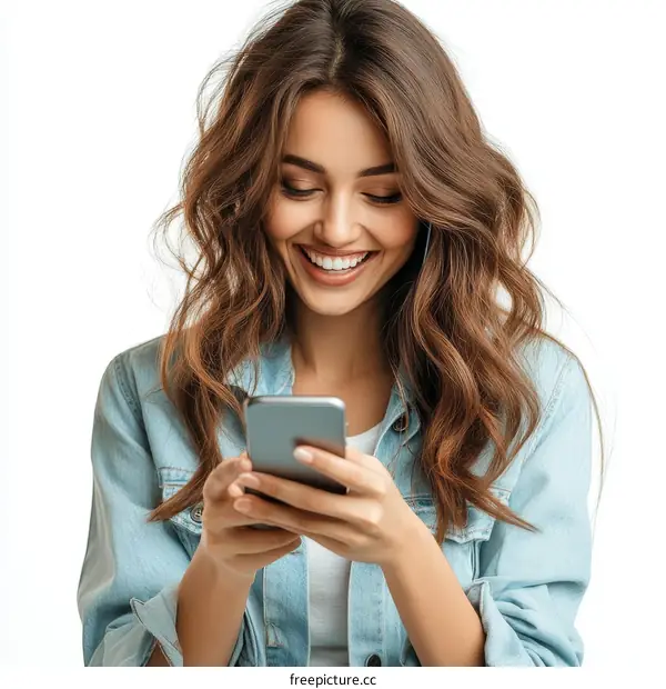 Woman Smiling and Texting on Smartphone