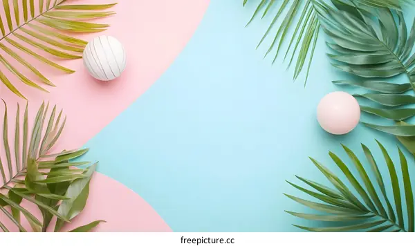 Tropical Palm Leaves with Pink and White Balls on a Pink and Blue Background