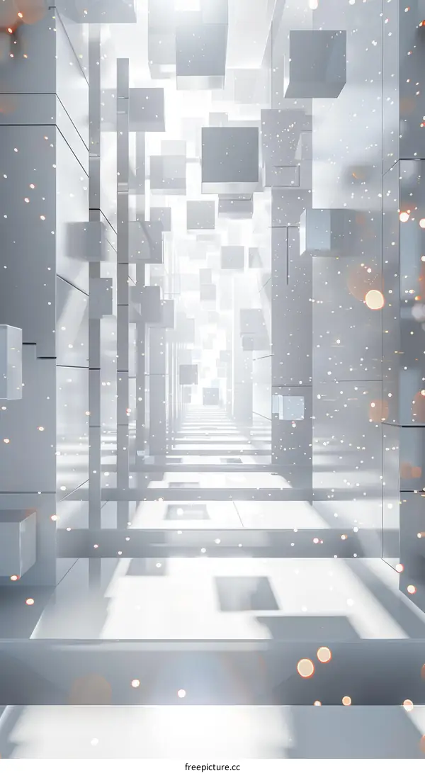 Futuristic Sci-Fi Cityscape with Glowing Cubes Floating in Geometric Tunnel