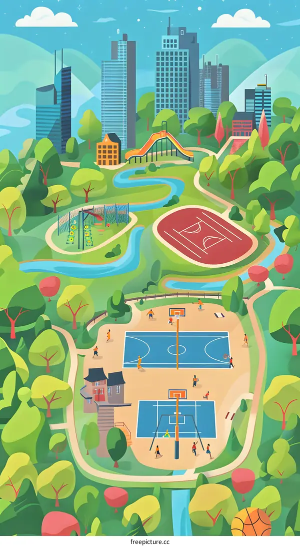 Urban Park Landscape with Basketball Courts