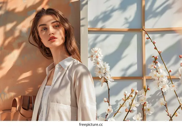 Woman in White Shirt Posing with Flowers