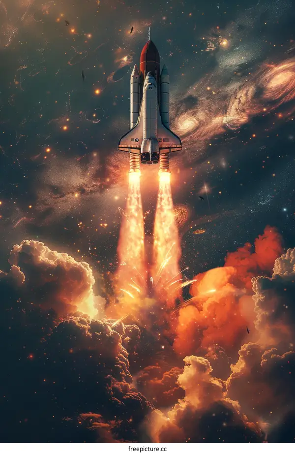 Space Shuttle Atlantis launching into the starry cosmos