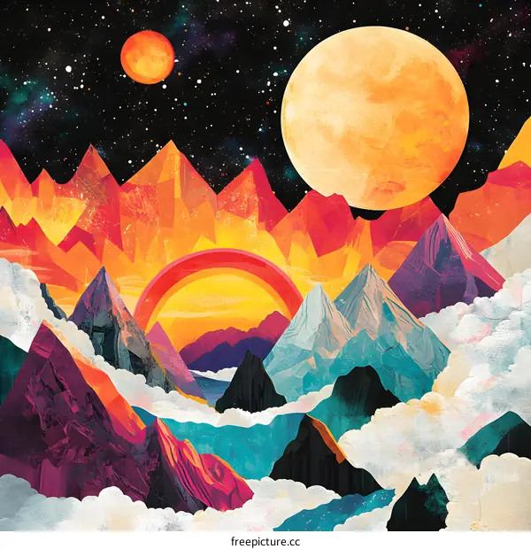 Abstract Mountain Landscape with Sunset and Moon