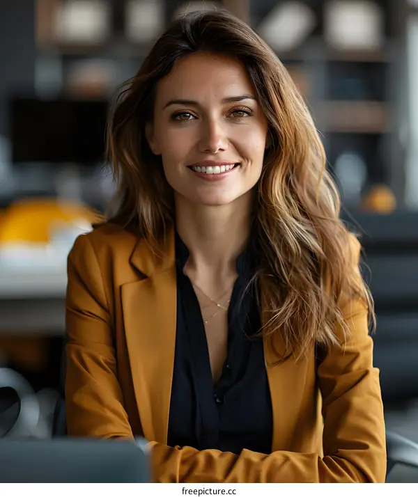 Smiling Businesswoman in Office with a Yellow Blazer