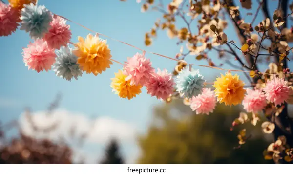 Colorful paper flowers hanging from a tree