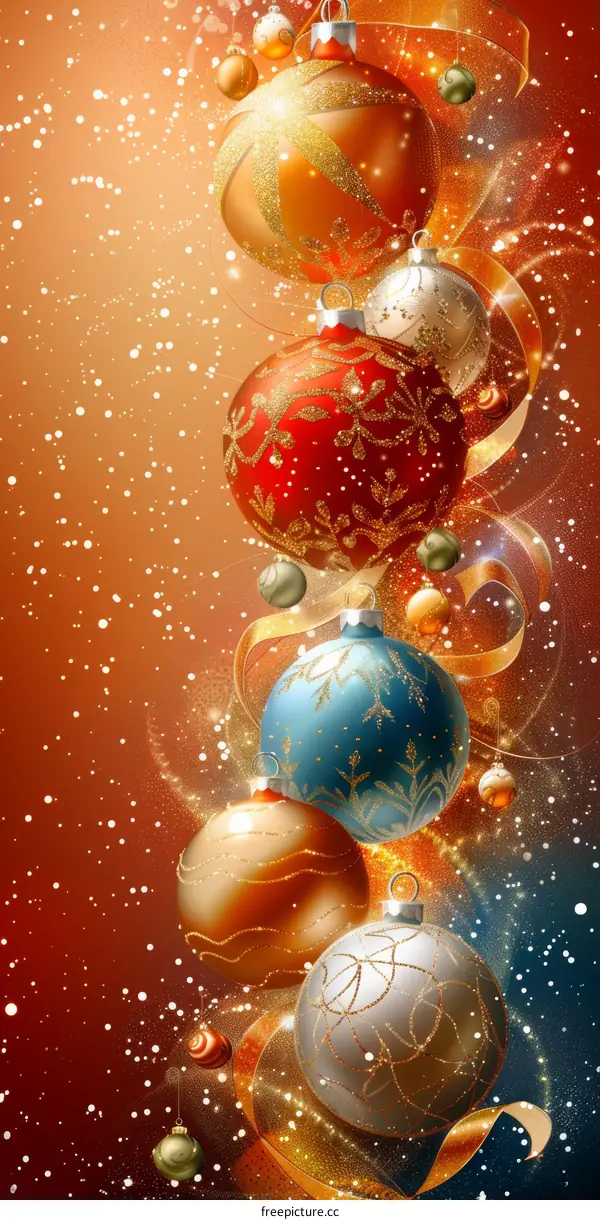 Christmas ornaments hanging on a string with a red background