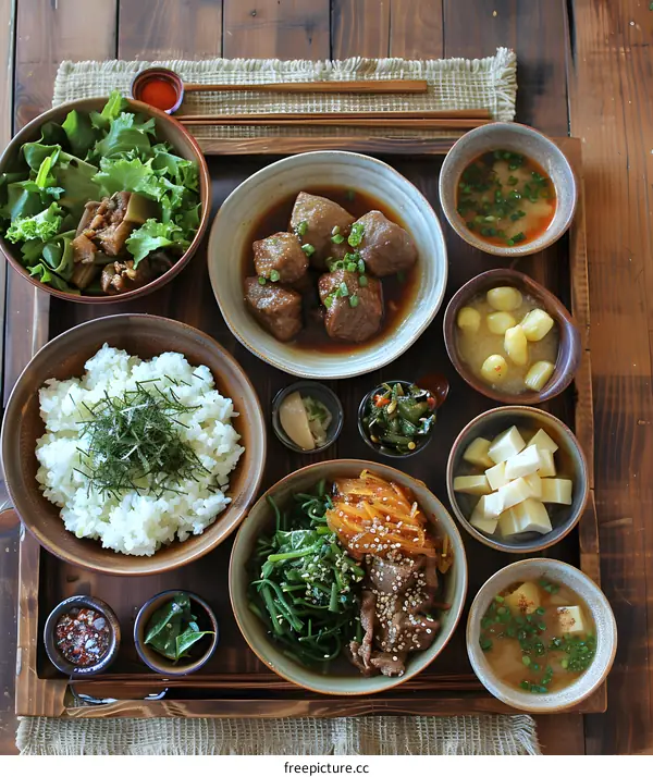 A delicious Japanese meal with rice, beef, and vegetables