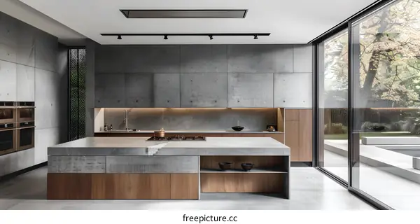 Modern Kitchen With Concrete Walls and Island