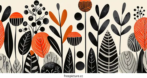 Abstract Floral Pattern with Black and Orange Colors