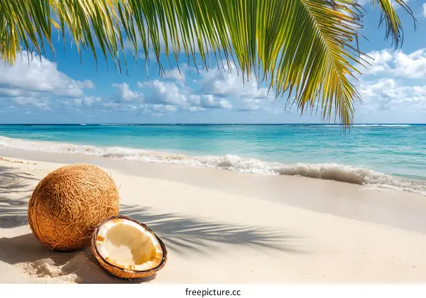 Tropical Beach with Coconut and Palm Tree
