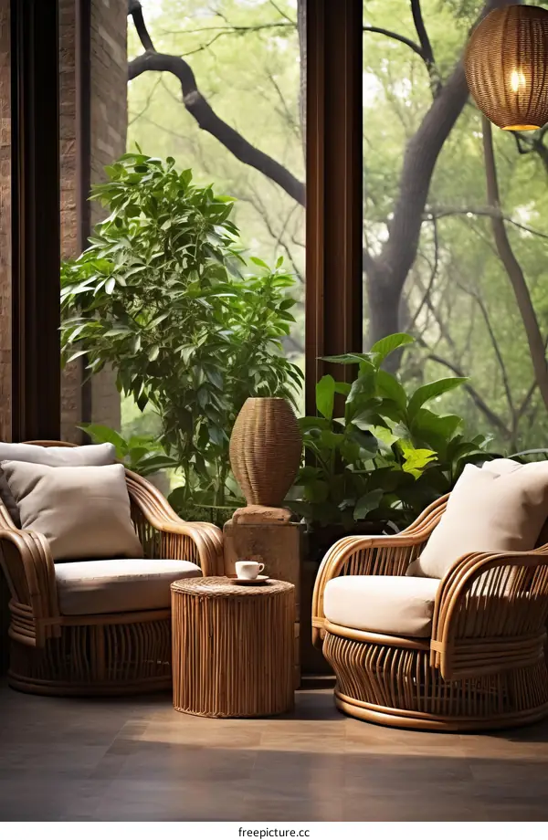 Two Rattan Chairs and a Coffee Table in a Sunroom