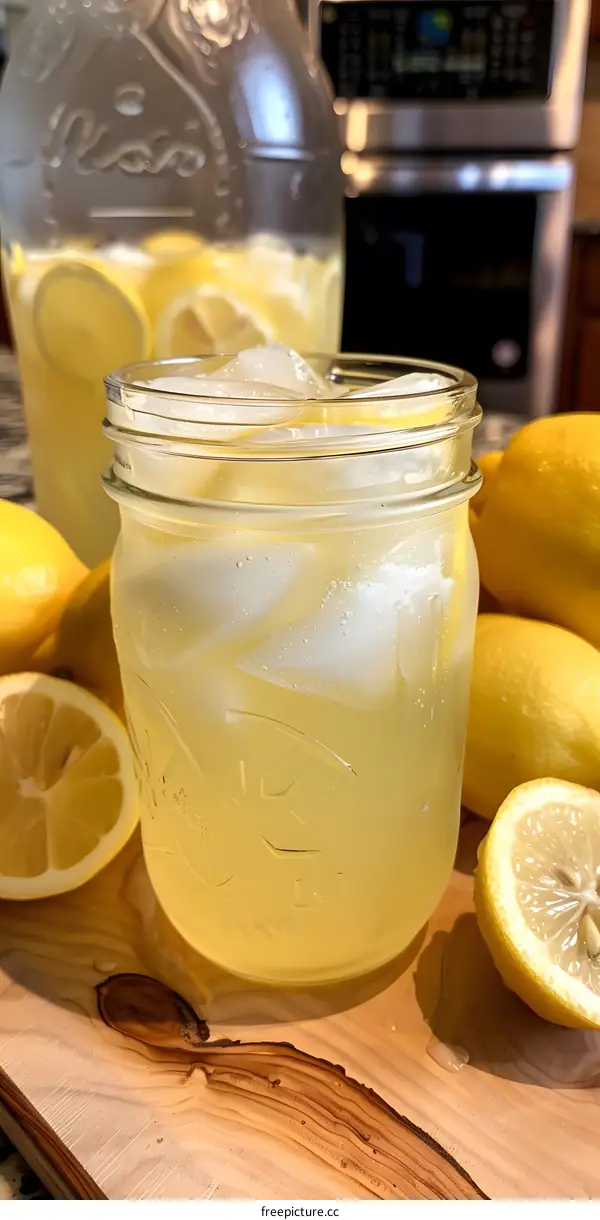 Homemade Lemonade in Mason Jar with Ice and Lemons