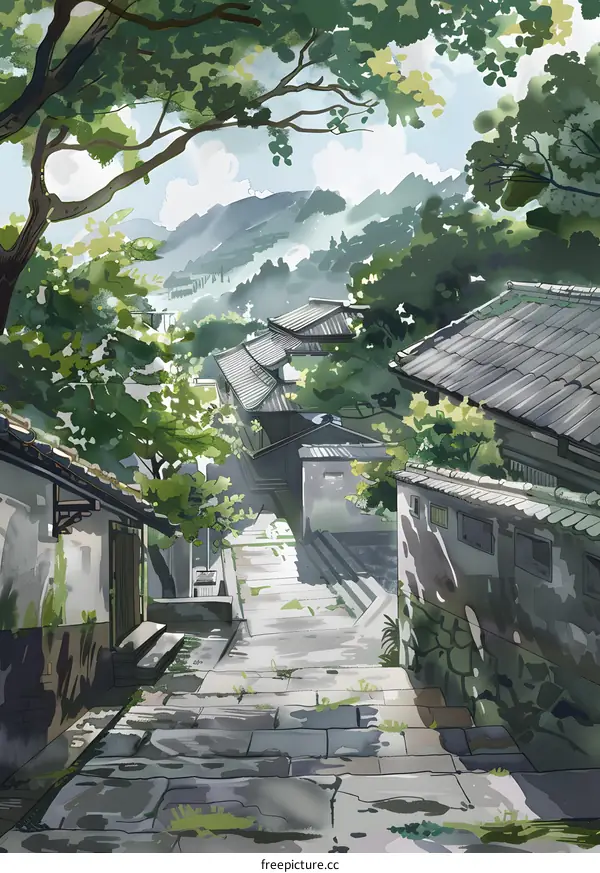 Watercolor Painting of a Japanese Village with a Stone Pathway
