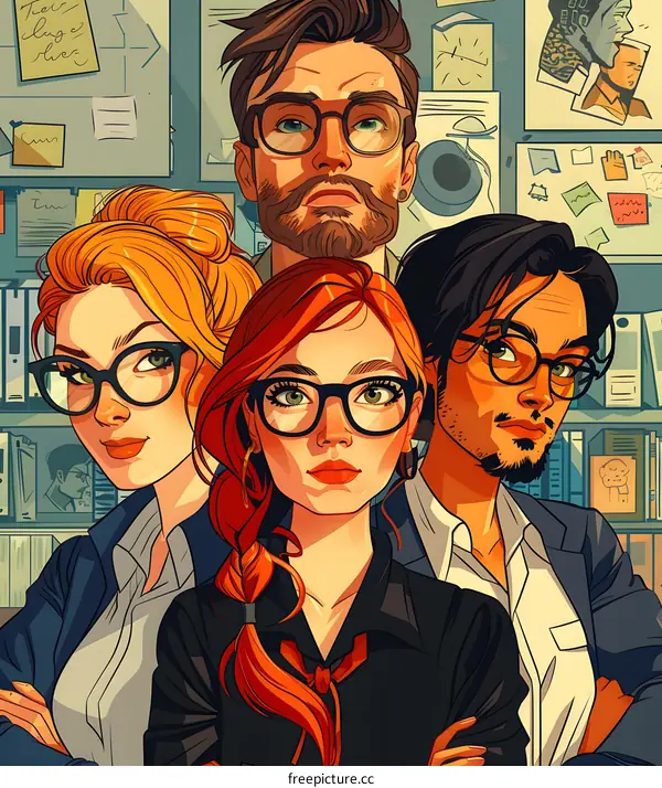 A group of four people wearing glasses in front of a wall full of papers and sticky notes.