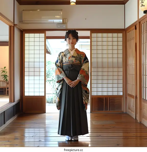 A woman wearing a kimono is standing in a traditional Japanese house.