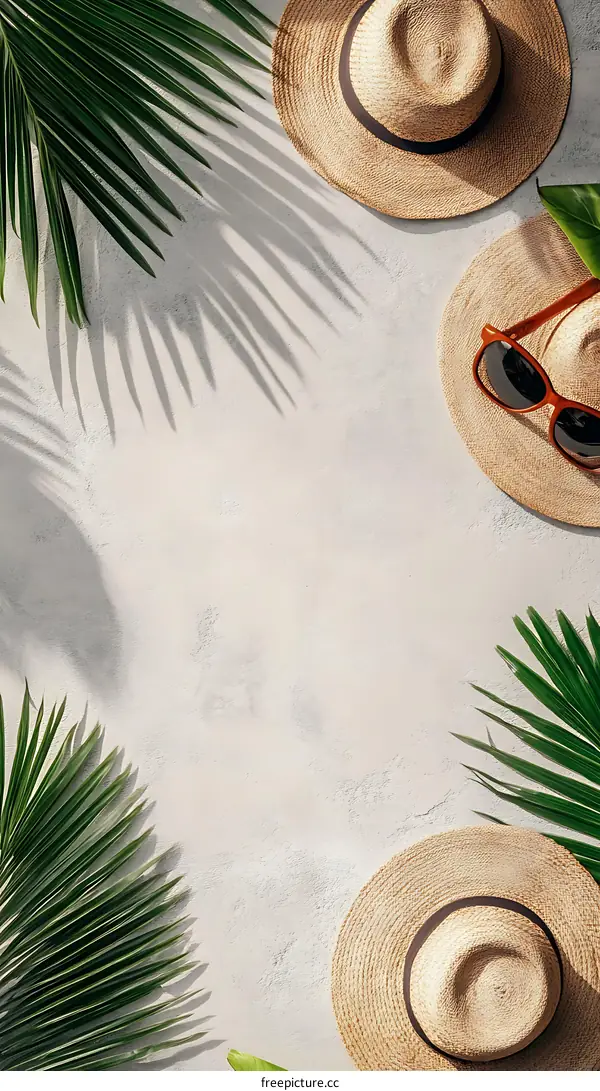 Summer Vacation Beach Palm Leaf Straw Hat Sunglasses Background