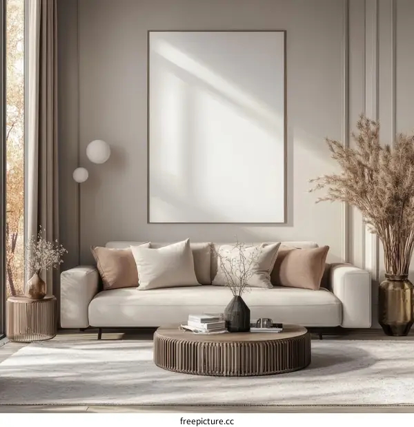 Modern Beige Living Room Mockup with Empty Frame